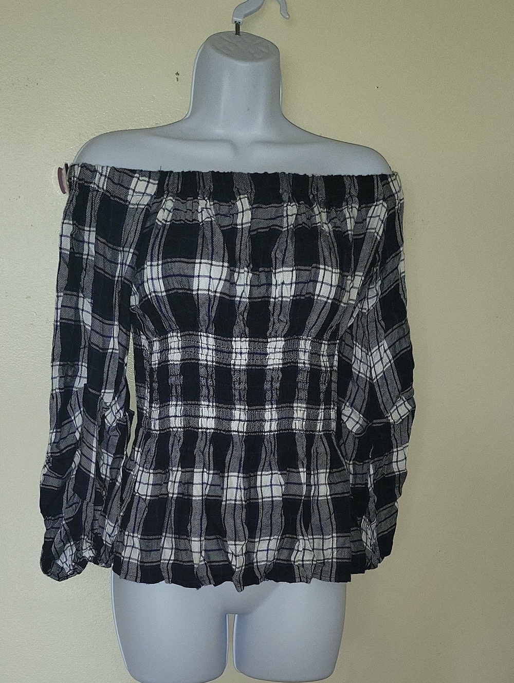 Off-Shoulder Blue and White Plaid Women's Top.  Never Used